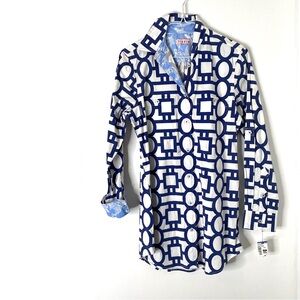 Tizzie Blue White Geometric Print Button Front Tunic Oversized Collared Top NWT
